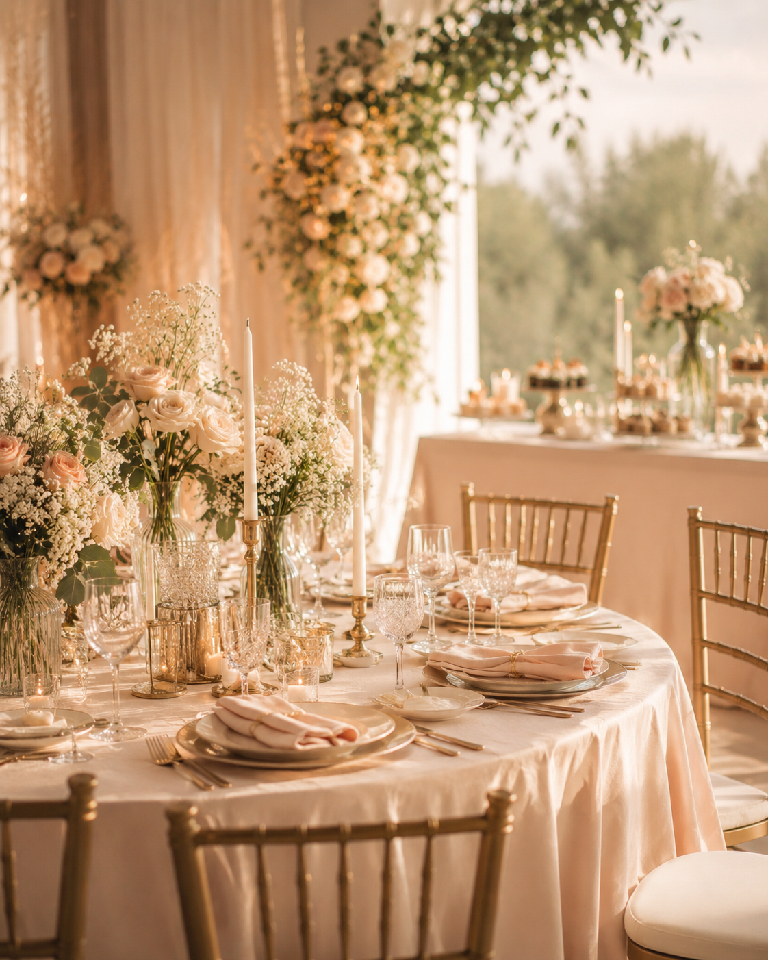 Mesa de boda con flores, velas y detalles dulces elegantes